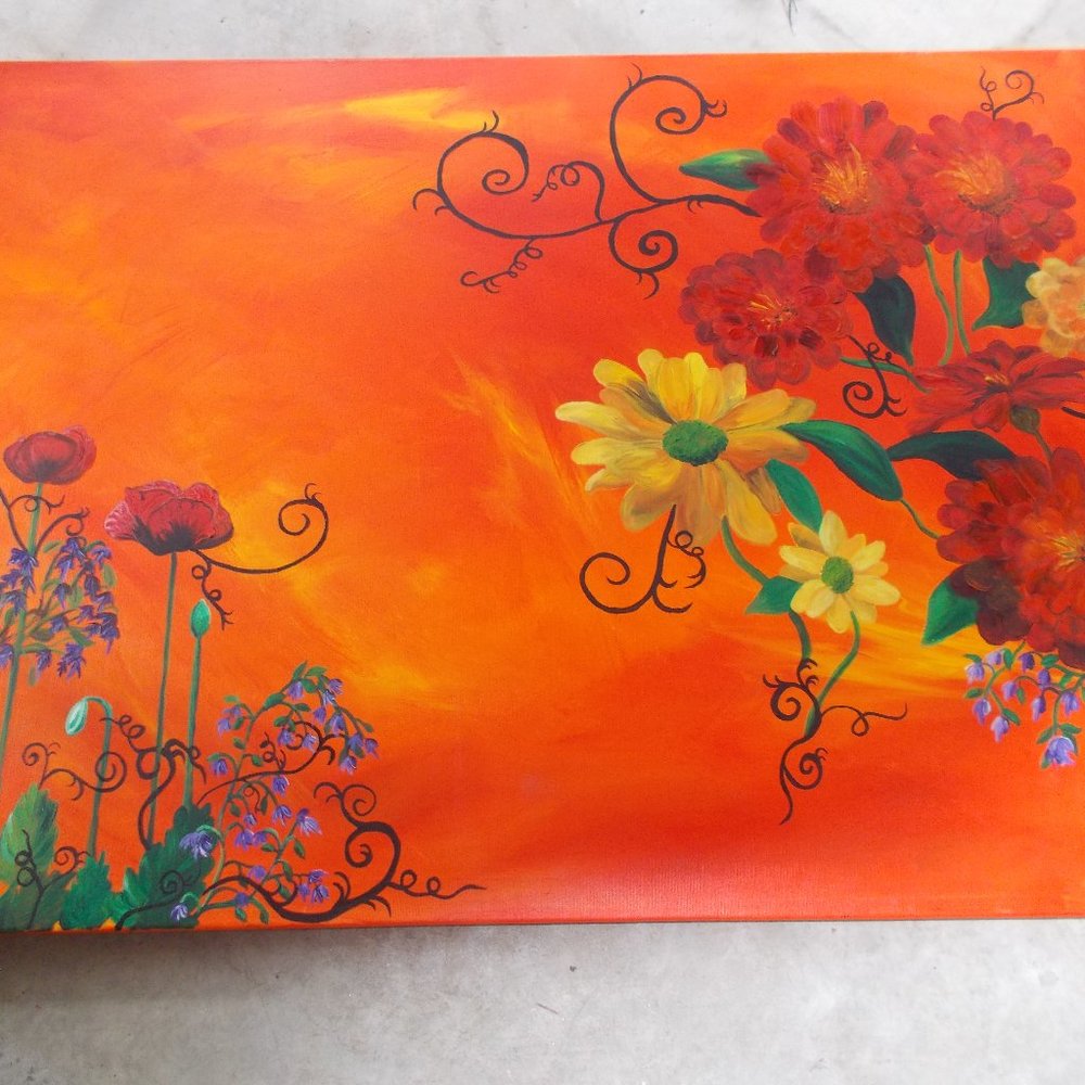 LOVELY MULTICOLOR "FRENCH RIVERIA FLORAL" ACRYLIC PAINTING APPROXIMATELY 24"X36"